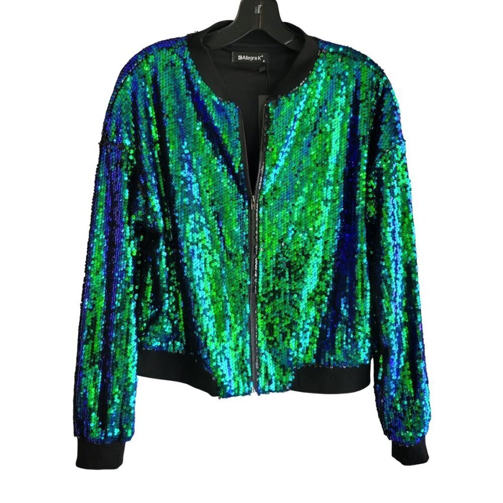 Allegra K Sequin Casual Long Sleeve Zipper Shiny Glitter Sparkly Bomber Jacket